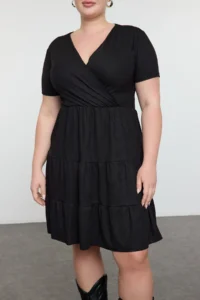 Trendyol Curve Black V-neck Stakter Knitting Plus Size Dress - Image 3