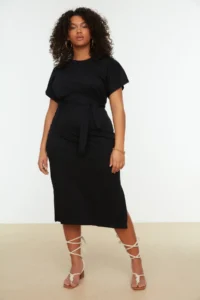 Trendyol Curve Black Plain Kesim Binding Detailed slit Maxi/LONG 100% Cotton Knitting Plus Size Dress