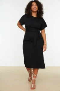 Trendyol Curve Black Plain Kesim Binding Detailed slit Maxi/LONG 100% Cotton Knitting Plus Size Dress - Image 2