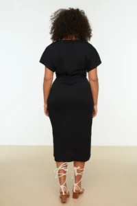 Trendyol Curve Black Plain Kesim Binding Detailed slit Maxi/LONG 100% Cotton Knitting Plus Size Dress - Image 5