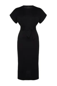 Trendyol Curve Black Plain Kesim Binding Detailed slit Maxi/LONG 100% Cotton Knitting Plus Size Dress - Image 6