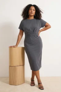 Trendyol Curve Anthracite Plain Kesim Binding Detailed slit Maxi/LONG 100% Cotton Knitting Plus Size Dress