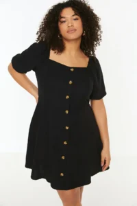 Trendyol Curve Black Weaving Buttoned Front Dress - Image 2