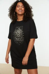 Trendyol Curve Black Geometric Printed 100% Cotton Knitting Plus Size T-Shirt Dress
