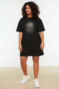 Trendyol Curve Black Geometric Printed 100% Cotton Knitting Plus Size T-Shirt Dress - Image 2