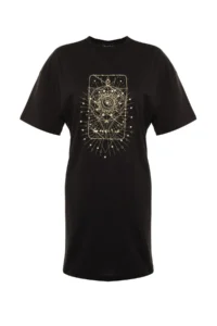 Trendyol Curve Black Geometric Printed 100% Cotton Knitting Plus Size T-Shirt Dress - Image 6