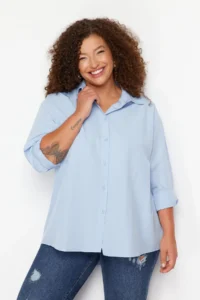 Trendyol Curve Light Blue Loose Fit Basic Cotton Long Sleeve Weaving Plus Size Shirt - Image 10