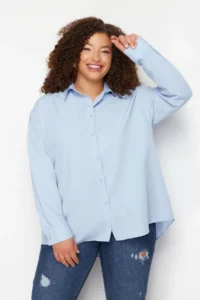 Trendyol Curve Light Blue Loose Fit Basic Cotton Long Sleeve Weaving Plus Size Shirt - Image 3