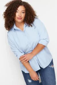 Trendyol Curve Light Blue Loose Fit Basic Cotton Long Sleeve Weaving Plus Size Shirt - Image 4