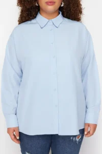 Trendyol Curve Light Blue Loose Fit Basic Cotton Long Sleeve Weaving Plus Size Shirt - Image 6