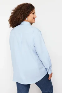 Trendyol Curve Light Blue Loose Fit Basic Cotton Long Sleeve Weaving Plus Size Shirt - Image 7