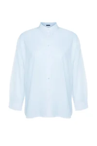 Trendyol Curve Light Blue Loose Fit Basic Cotton Long Sleeve Weaving Plus Size Shirt - Image 8