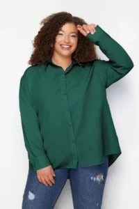 Trendyol Curve Emerald Green Boyfriend Basic Plus Size Long Sleeve Weaving Shirt - Image 2