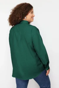 Trendyol Curve Emerald Green Boyfriend Basic Plus Size Long Sleeve Weaving Shirt - Image 5