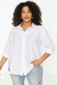 Trendyol Curve White Loose Fit Basic Cotton Long Sleeve Weaving Plus Size Shirt - Image 5
