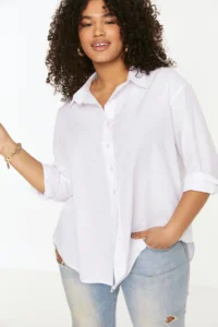 Trendyol Curve White Loose Fit Basic Cotton Long Sleeve Weaving Plus Size Shirt - Image 6