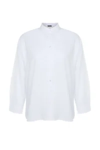Trendyol Curve White Loose Fit Basic Cotton Long Sleeve Weaving Plus Size Shirt - Image 8