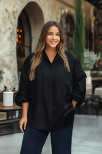 Trendyol Curve Black Loose Fit Cotton Long Sleeve Plus Size Weaving Shirt