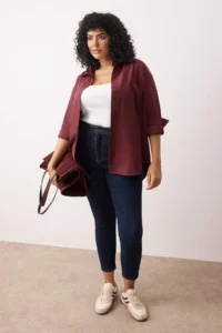 Trendyol Curve Koyu Burgundy Loose Fit Cotton Long Sleeve Plus Size Weaving Shirt