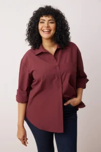 Trendyol Curve Koyu Burgundy Loose Fit Cotton Long Sleeve Plus Size Weaving Shirt - Image 2