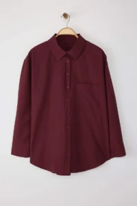 Trendyol Curve Koyu Burgundy Loose Fit Cotton Long Sleeve Plus Size Weaving Shirt - Image 5