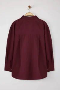 Trendyol Curve Koyu Burgundy Loose Fit Cotton Long Sleeve Plus Size Weaving Shirt - Image 7