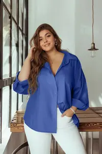Trendyol Curve DARK BLUE Loose Fit Cotton Long Sleeve Plus Size Weaving Shirt