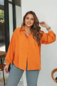 Trendyol Curve Orange Loose Fit Cotton Long Sleeve Plus Size Weaving Shirt