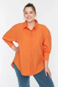 Trendyol Curve Orange Loose Fit Cotton Long Sleeve Plus Size Weaving Shirt - Image 2