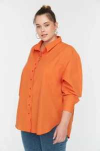 Trendyol Curve Orange Loose Fit Cotton Long Sleeve Plus Size Weaving Shirt - Image 3