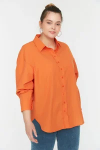 Trendyol Curve Orange Loose Fit Cotton Long Sleeve Plus Size Weaving Shirt - Image 4