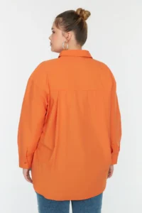 Trendyol Curve Orange Loose Fit Cotton Long Sleeve Plus Size Weaving Shirt - Image 6