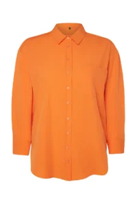 Trendyol Curve Orange Loose Fit Cotton Long Sleeve Plus Size Weaving Shirt - Image 7