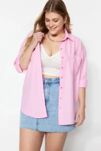 Trendyol Curve Powder Pink Loose Fit Cotton Long Sleeve Plus Size Weaving Shirt - Image 10