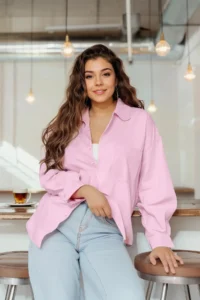 Trendyol Curve Powder Pink Loose Fit Cotton Long Sleeve Plus Size Weaving Shirt - Image 2
