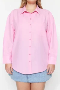 Trendyol Curve Powder Pink Loose Fit Cotton Long Sleeve Plus Size Weaving Shirt - Image 3