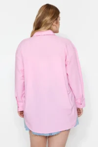 Trendyol Curve Powder Pink Loose Fit Cotton Long Sleeve Plus Size Weaving Shirt - Image 6