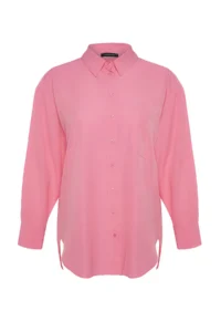Trendyol Curve Powder Pink Loose Fit Cotton Long Sleeve Plus Size Weaving Shirt - Image 7