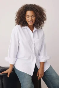 Trendyol Curve White Loose Fit Cotton Long Sleeve Plus Size Weaving Shirt
