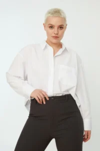 Trendyol Curve White Loose Fit Cotton Long Sleeve Plus Size Weaving Shirt - Image 6