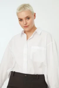 Trendyol Curve White Loose Fit Cotton Long Sleeve Plus Size Weaving Shirt - Image 7