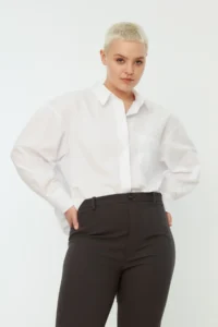 Trendyol Curve White Loose Fit Cotton Long Sleeve Plus Size Weaving Shirt - Image 8