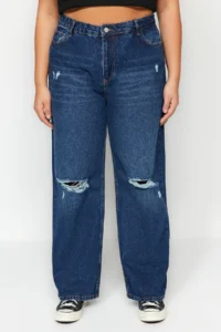 Trendyol Curve Dark Blue High Waist Destroylu Wide Leg/Wide Leg 100% Cotton plus size jeans - Image 10