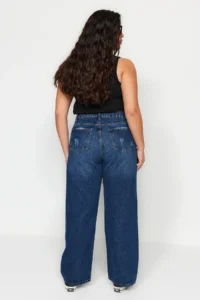 Trendyol Curve Dark Blue High Waist Destroylu Wide Leg/Wide Leg 100% Cotton plus size jeans - Image 11