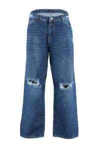 Trendyol Curve Dark Blue High Waist Destroylu Wide Leg/Wide Leg 100% Cotton plus size jeans - Image 12