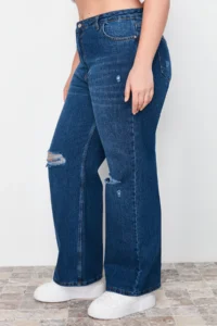 Trendyol Curve Dark Blue High Waist Destroylu Wide Leg/Wide Leg 100% Cotton plus size jeans - Image 2