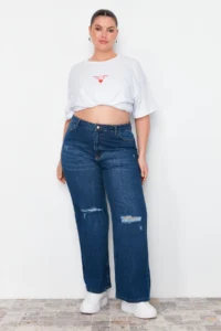 Trendyol Curve Dark Blue High Waist Destroylu Wide Leg/Wide Leg 100% Cotton plus size jeans - Image 3