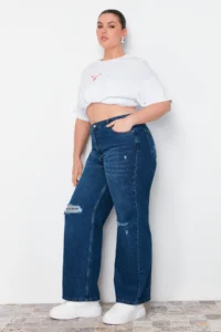 Trendyol Curve Dark Blue High Waist Destroylu Wide Leg/Wide Leg 100% Cotton plus size jeans - Image 4
