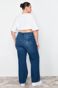 Trendyol Curve Dark Blue High Waist Destroylu Wide Leg/Wide Leg 100% Cotton plus size jeans - Image 6