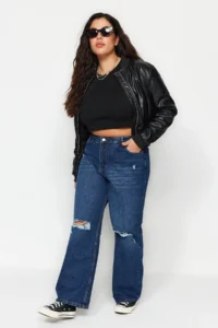 Trendyol Curve Dark Blue High Waist Destroylu Wide Leg/Wide Leg 100% Cotton plus size jeans - Image 7